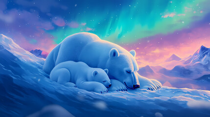 Naklejka premium Arctic scene withmother polar bear snuggling her cubs onsnowbank undersoft aurora glow. Arctic Glow. Illustration