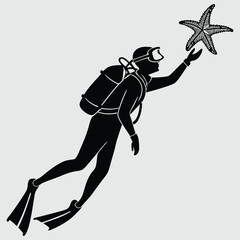 a diver holding a starfish underwater silhouette vector design art and illudtration