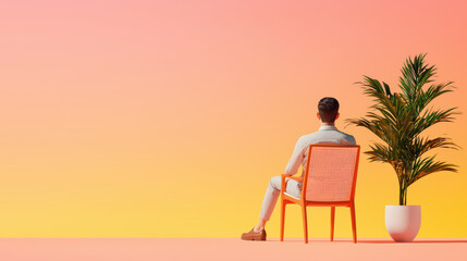Obraz premium man sits on chair, gazing at vibrant sunset background with plant nearby
