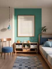 Blank Frame mockup. blue and cyan color kid's bedroom. 3d cartoon interior design. 3D render 300dpi