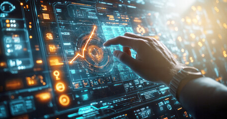 A businessman interacts with a high-tech digital interface showcasing an upward-growing line graph, symbolizing analysis and positive performance in a contemporary workspace