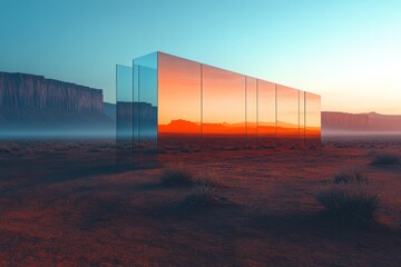 A central view captures a vast desert with sleek reflective panels reflecting warm sunset hues, contrasting against distant mountain silhouettes and serene tranquility