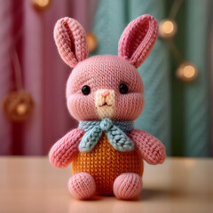 Fototapeta premium Knitted Easter Bunny in Soft Pastel Colors, Handmade Wool Craft, Cute Decor