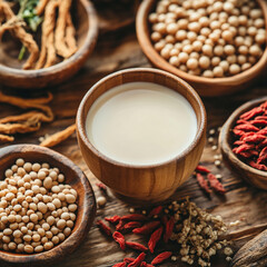 Fototapeta premium Wooden cup of soy milk with goji berries and soybeans on rustic wooden background