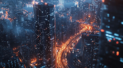 Obraz premium Smart digital Innovation city with connection network reciprocity over the twilight cityscape. of future smart wireless digital city and social media networking systems that connects people with city