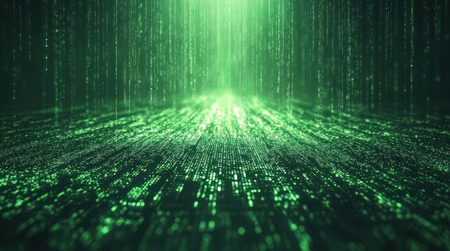 Green digital rain, data stream, dark background, tech backdrop - Powered by Adobe
