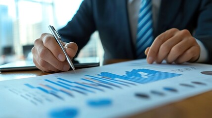 A professional in a suit analyzes financial data and charts on paper. Various graphs are displayed, indicating trends and statistics relevant to investment strategies in Japan