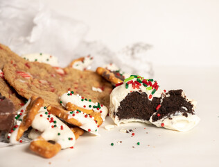 Chocolate truffle with peppermint cookies and pretzels