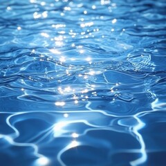 The water is blue and has a lot of light reflecting off of it