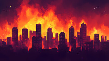 Dramatic urban skyline with a fiery, apocalyptic horizon. high rise buildings silhouetted against a blazing background. Blazing Horizon. Illustration