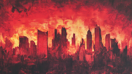 Infernal cityscape burning buildings under crimson sky. Blazing Horizon. Illustration