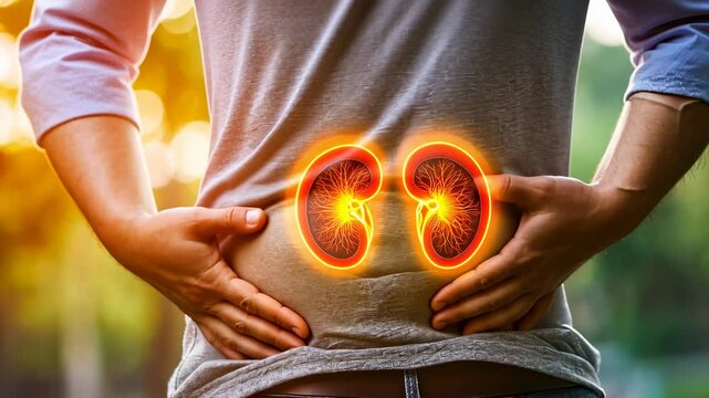 Man experiencing kidney pain outdoors sunset.Adult male holds lower back.Individual suffers discomfort evening.Setting portrays distress natural light.,health issues depicted clearly.