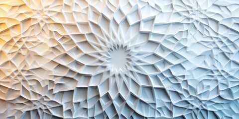 An abstract background featuring intricate Islamic geometric patterns in a gradient of white and soft orange hues