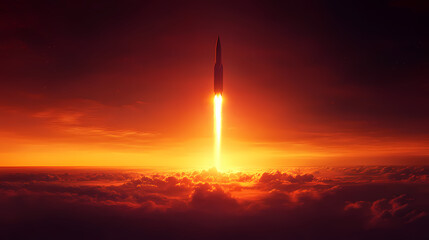Missile rocket with blazing flame in the distance, flame, horizon. Blazing Horizon. Illustration