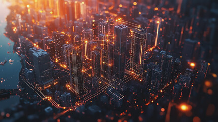 Smart digital Innovation city with connection network reciprocity over the twilight cityscape. of future smart wireless digital city and social media networking systems that connects people with city