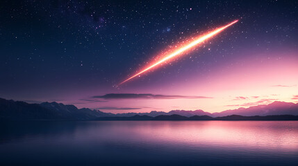 Meteor blazing across starlit lake landscape, natural phenomenon captured. Blazing Horizon. Illustration