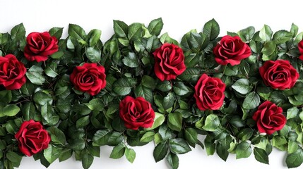 Beautiful red roses with green leaves as a PNG cutout, isolated on a pristine white background. The roses , with clean edges