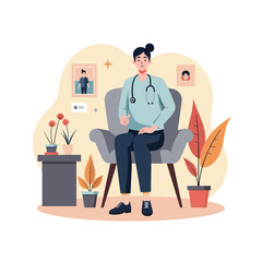 Fototapeta premium Confident doctor sitting in cozy office, health and wellness concept