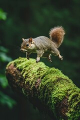 Leaping squirrel, mossy log, forest, nature