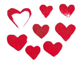 Collection of Red Painted Hearts Romantic Design Elements isolated from background