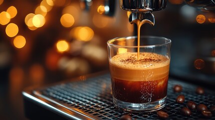 Fototapeta premium espresso machine pouring espresso into a glass cup. The machine is in a coffee shop setting