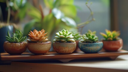 An elegant arrangement of colorful succulents in ceramic pots, basking in soft sunlight, brings a touch of nature indoors.