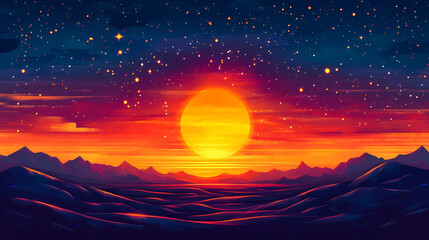 A blazing sun flare illuminates the horizon with fiery brilliance, warm, flame, bright. Blazing Horizon. Illustration