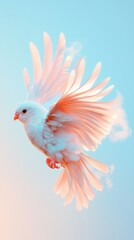 Obraz premium Graceful white dove in flight against soft blue sky with sunlit feathers and gentle cloud accents, symbolizing peace and freedom in tranquil atmosphere