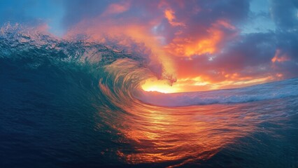 Obraz premium Ocean Wave in Motion, Sparkling Foam and Dynamic Splashes Backlit by a Stunning Sunset Over Calm Waters