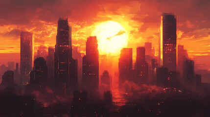 sunset cityscape tall buildings