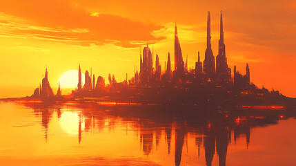 Naklejka premium A futuristic cityscape silhouetted against a blazing orange sky with reflections in the water. Blazing Horizon. Illustration