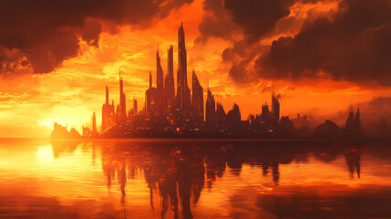 Naklejka premium A futuristic cityscape silhouetted against a blazing orange sky with reflections in the water. Blazing Horizon. Illustration