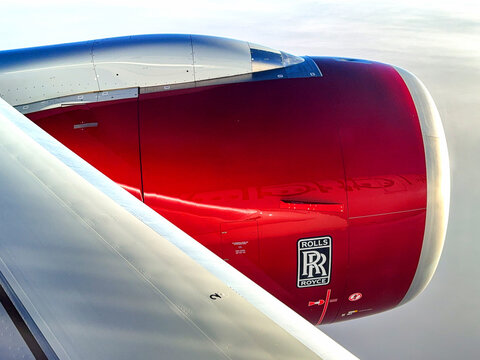 En route London to Miami, 3 January 2025: Close up view of one of the Rolls-Royce jet engines on a Virgin Atlantic Airbus A33