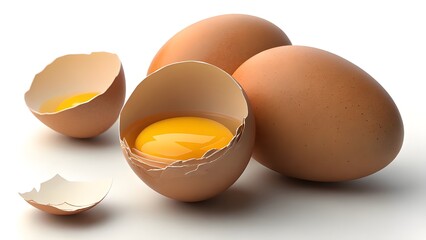 Three brown eggs, close-up. One egg is cracked open, revealing a bright yellow yolk. Smooth, glossy egg shells in varying shades of light and dark brown. Natural, food still life photography