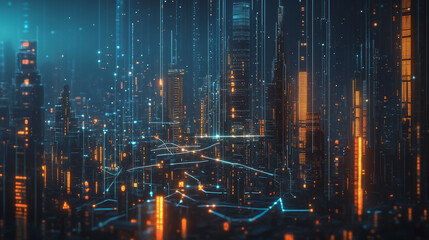 Smart digital Innovation city with connection network reciprocity over the twilight cityscape. of future smart wireless digital city and social media networking systems that connects people with city