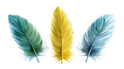 Yellow green and blue feather 3D render icon isolated on white background