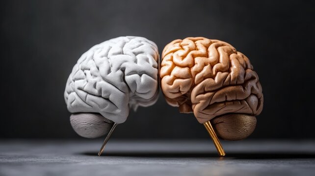 Gray and beige brain models facing each other on dark background