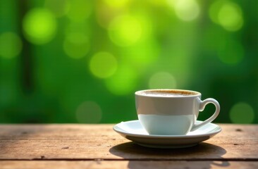 Obraz premium Morning coffee, coffee on wooden table Green background