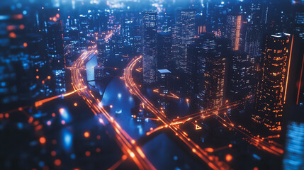 Obraz premium Smart digital Innovation city with connection network reciprocity over the twilight cityscape. of future smart wireless digital city and social media networking systems that connects people with city