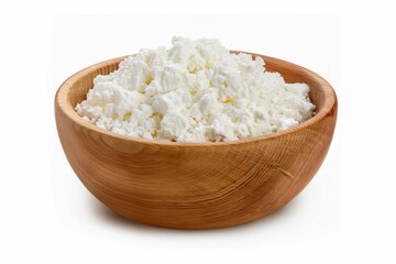 Cottage cheese in a wooden bowl isolated on a white background with clapping path full of depth 