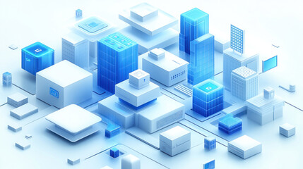 an abstract composition in a minimalist style depicting a digital city or virtual infrastructure.  