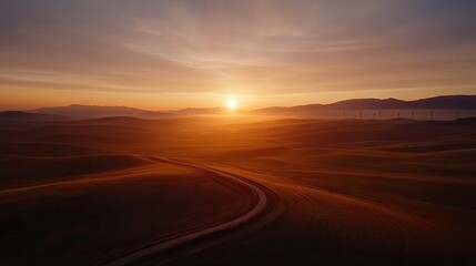 Fototapeta premium Golden sunset casts warm light over rolling hills and winding ro