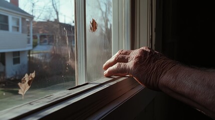 Naklejka premium An elderly hand gently grasps a window frame, framed by fallen leaves, filled with nostalgia and memories of a lifetime.