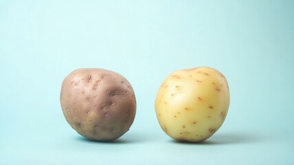 Fototapeta premium Two potatoes, one white, brown, on light blue background