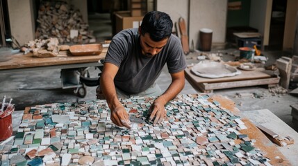 A craftsman meticulously arranges colorful mosaic tiles, focusing intently on creating a vibrant art piece amidst scattered materials.