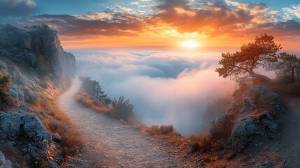 Fototapeta premium Mountain path sunset cloudscape, scenic vista