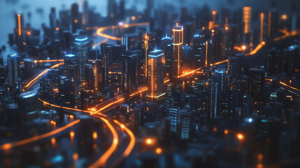 Fototapeta premium Smart digital Innovation city with connection network reciprocity over the twilight cityscape. of future smart wireless digital city and social media networking systems that connects people with city