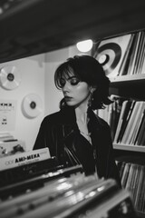 Naklejka premium Punk, goth rock girl browsing through vinyl records in a punk music store. Wearing leather jacket and dark make-up. Fashion. Style. Black and white. 