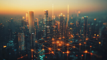 Fototapeta premium Smart digital Innovation city with connection network reciprocity over the twilight cityscape. of future smart wireless digital city and social media networking systems that connects people with city