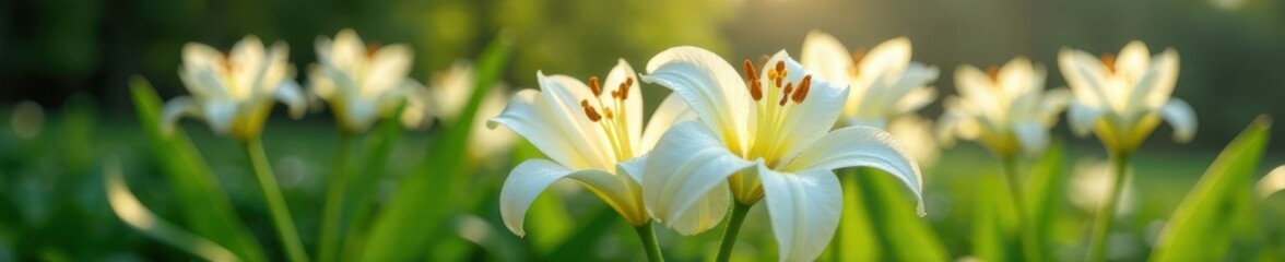 White lily petals unfolding in the morning dew, blooming flowers, garden, white flowers